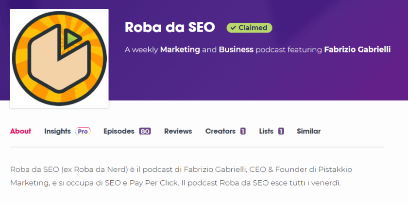 Roba Da SEO Marketing Podcast On Podchaser, Pistakkio Marketing, consulenza SEO e Google Ads per le piccole e medie imprese