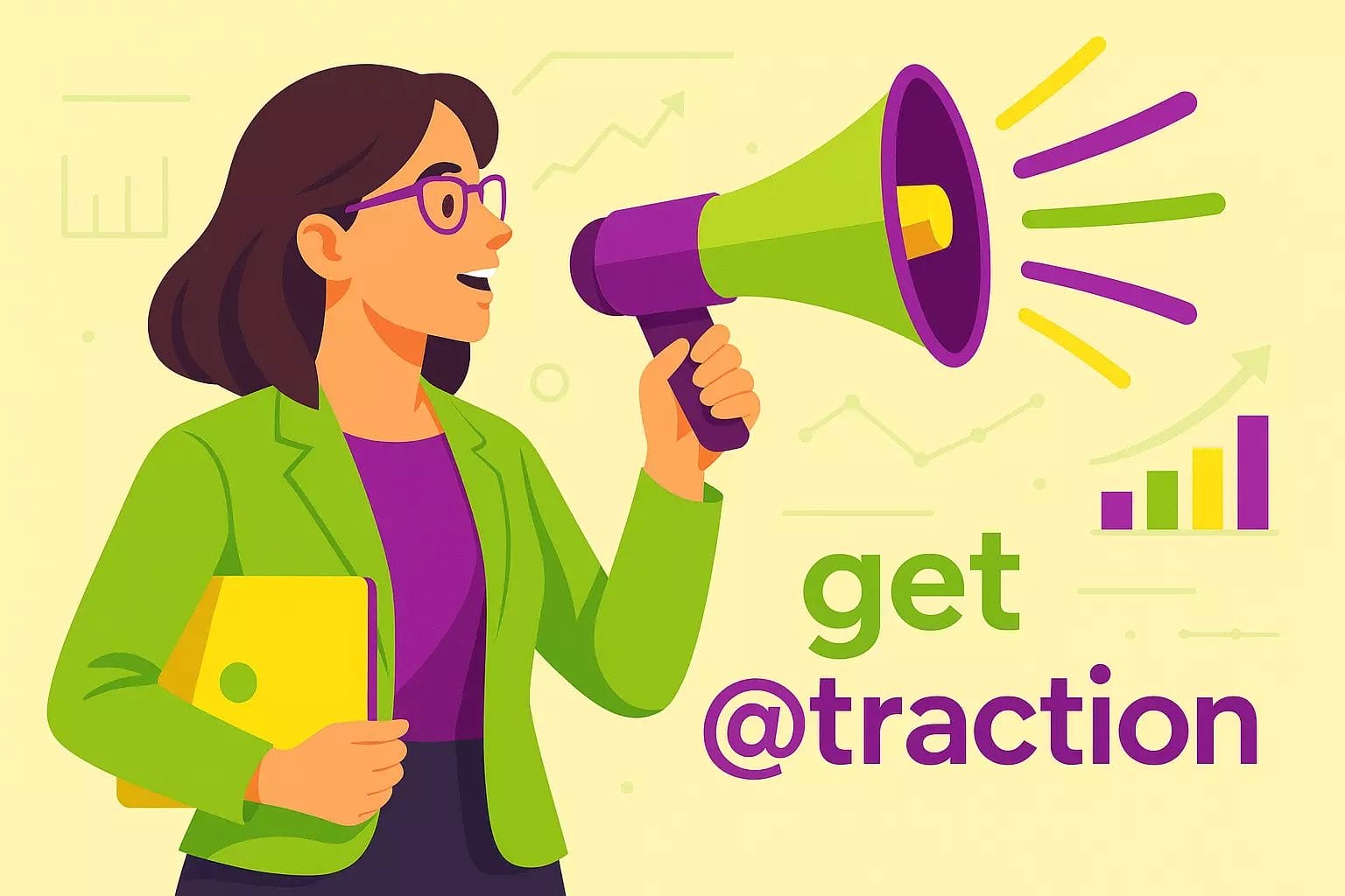 Business woman with megaphone announcing the tagline get @traction, pistakkio-colored sound waves, modern digital background, professional widescreen design.