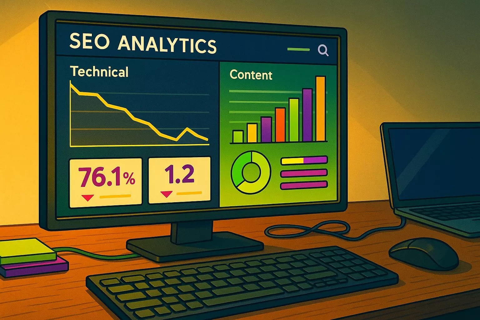 Dashboard seo con metriche tecniche in calo e performance dei contenuti in crescita su monitor in workspace ordinato, con accenti della palette pistakkio. Immagine generata da ai, a cura di fabrizio gabrielli, seo expert, ceo & founder di agenzia seo pistakkio.