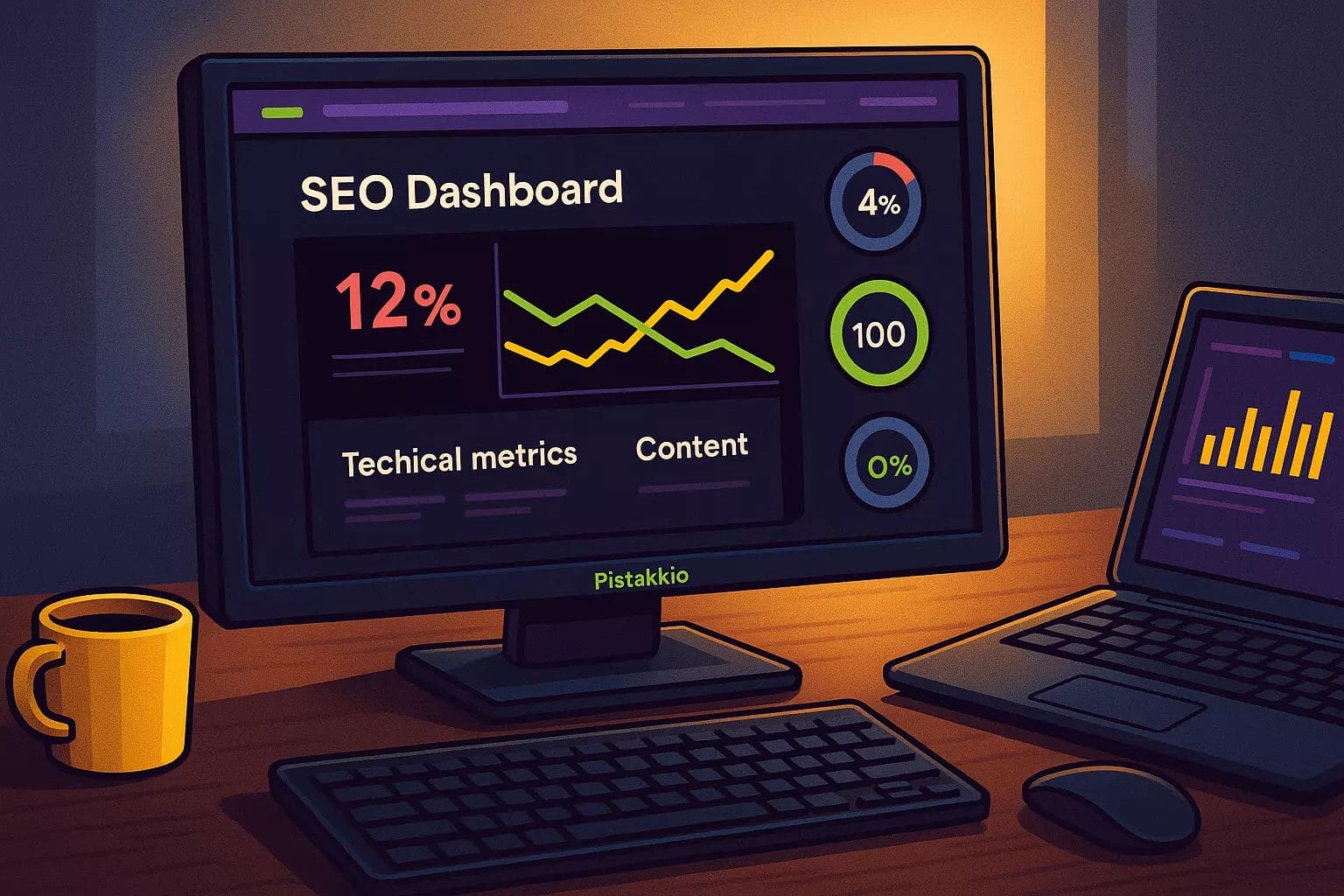 Dashboard seo con crollo tecnico e indicatori di qualità; immagine generata da ai, a cura di fabrizio gabrielli, seo expert, ceo & founder di agenzia seo pistakkio